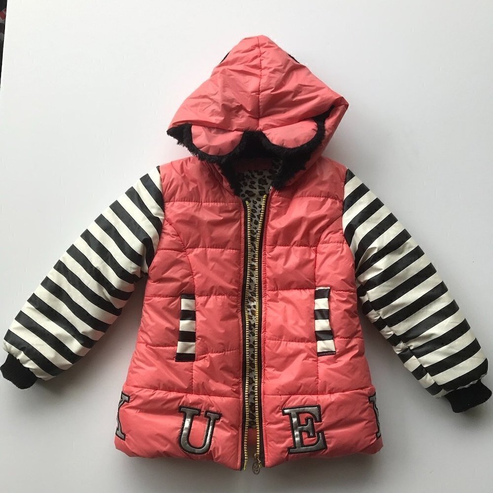 Weilong Girls Pink Stripes, cute hooded, fluffy lined, Jacket - says L looks M